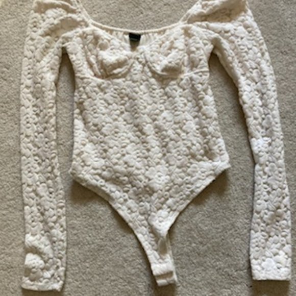 wild fable Tops - Long Sleeves Bodysuit Floral Lace Stretch Leotard Ivory Jumpsuit Romper XS